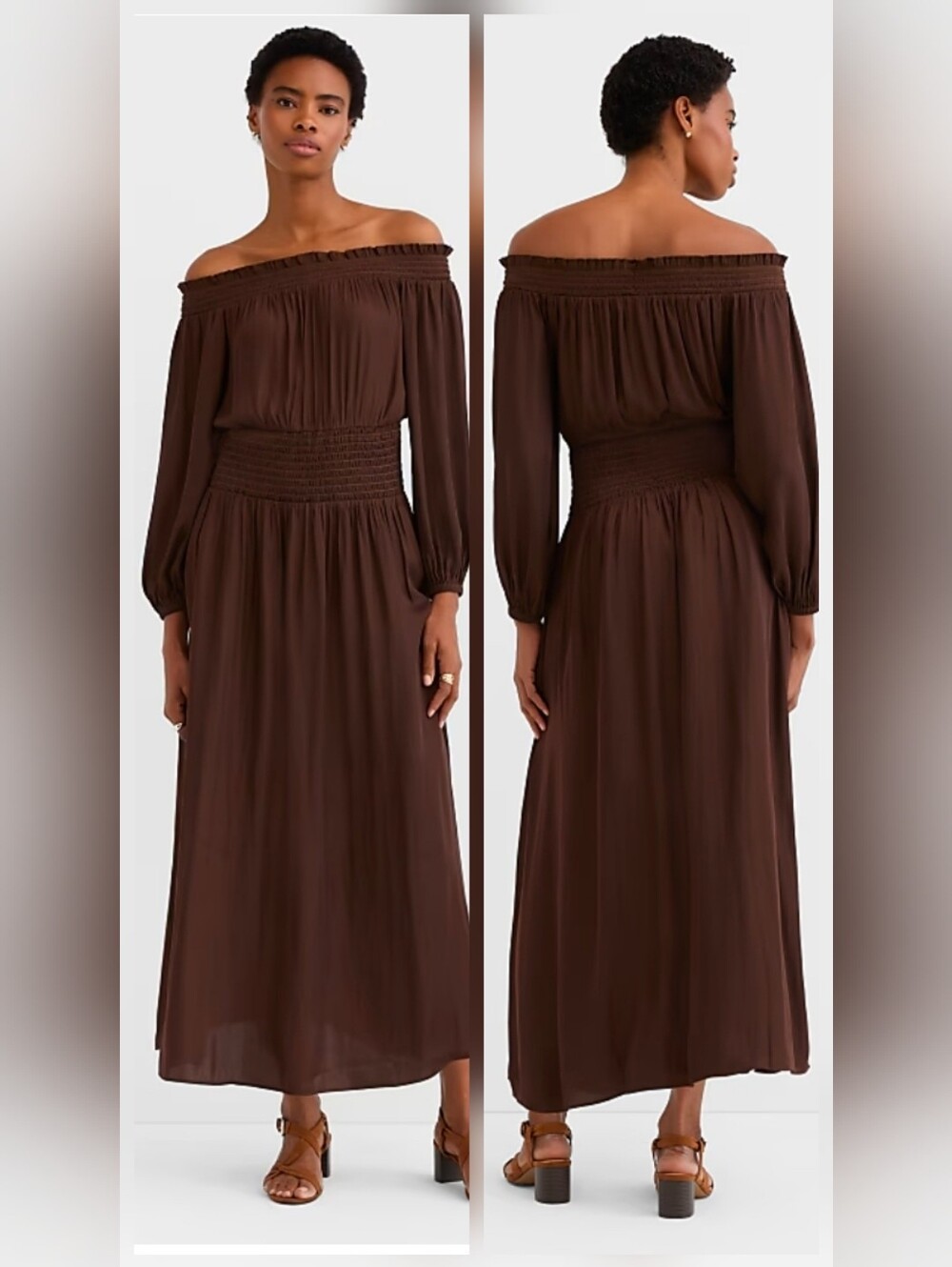 LOFT Chocolate Brown Off-Shoulder Smocked Waist Maxi Dress